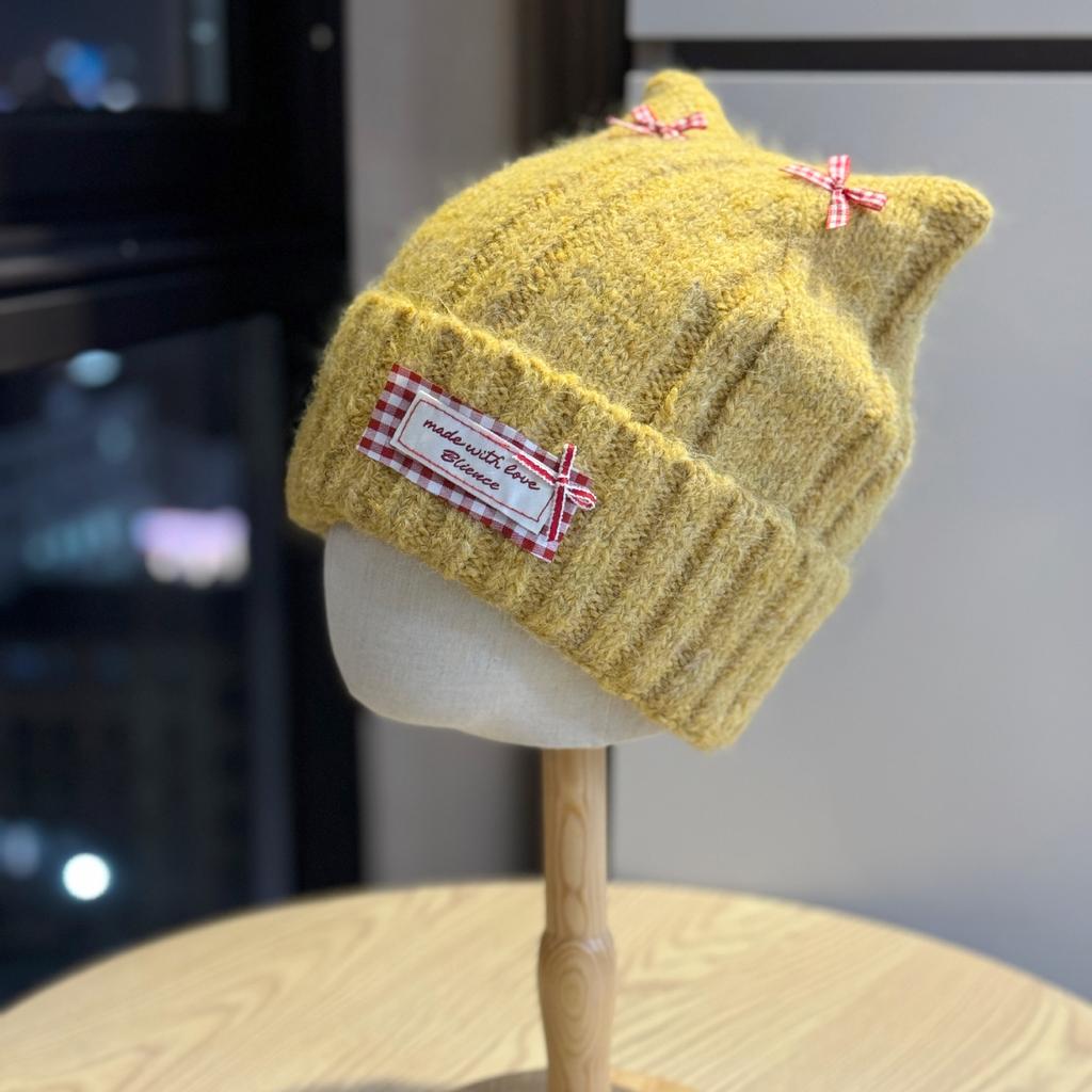 Korean Style Woolen Hat for Women Cute Cat Ears New Bow Warm Ear Protection Cold Hat Winter Fashion Knitted Hat