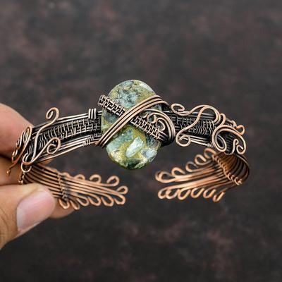 Kupfer Seraphinit Armreif Kupferdraht umwickelt Verstellbarer Armreif Edelstein Kupferschmuck Handgemachter Armreif Drahtwickelschmuck Geschenk für Ihn