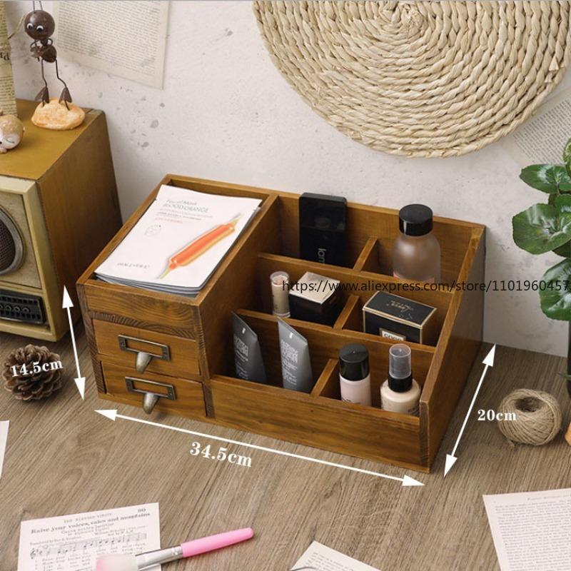 Solid Wood Large Desktop Wooden Cosmetics Storage Box Multi-Functional Desktop Creative Skin Care Product Organization Box