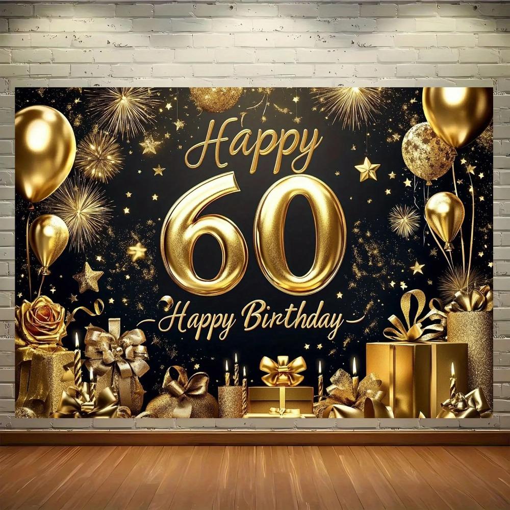 Elegante Sfondo Banner 60° Compleanno in Nero e Oro Palloncino Stella Scintillante Regalo Decorazione Compleanno Sfondo per Fotografia
