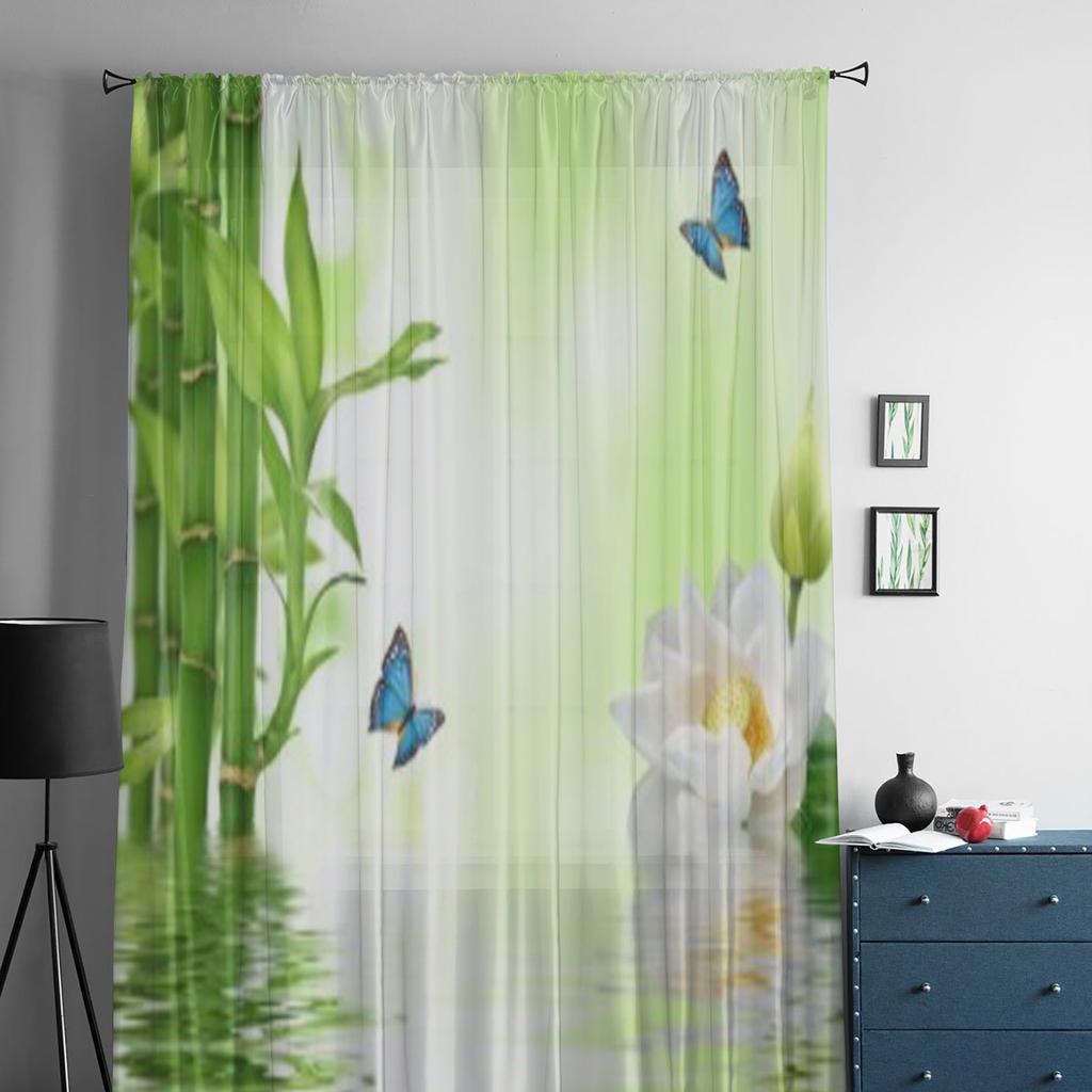 Tropical Blue Butterfly Bamboo Lily Reflection Water Sheer Curtains Living Room Tulle Window Curtain Bedroom Kitchen Drapes