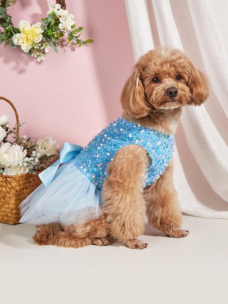 Haustierkleid Hund Prinzessin Kleid Pailletten Schleife Welpenkleider mit Tüll Hündchen Kätzchen Kostüm