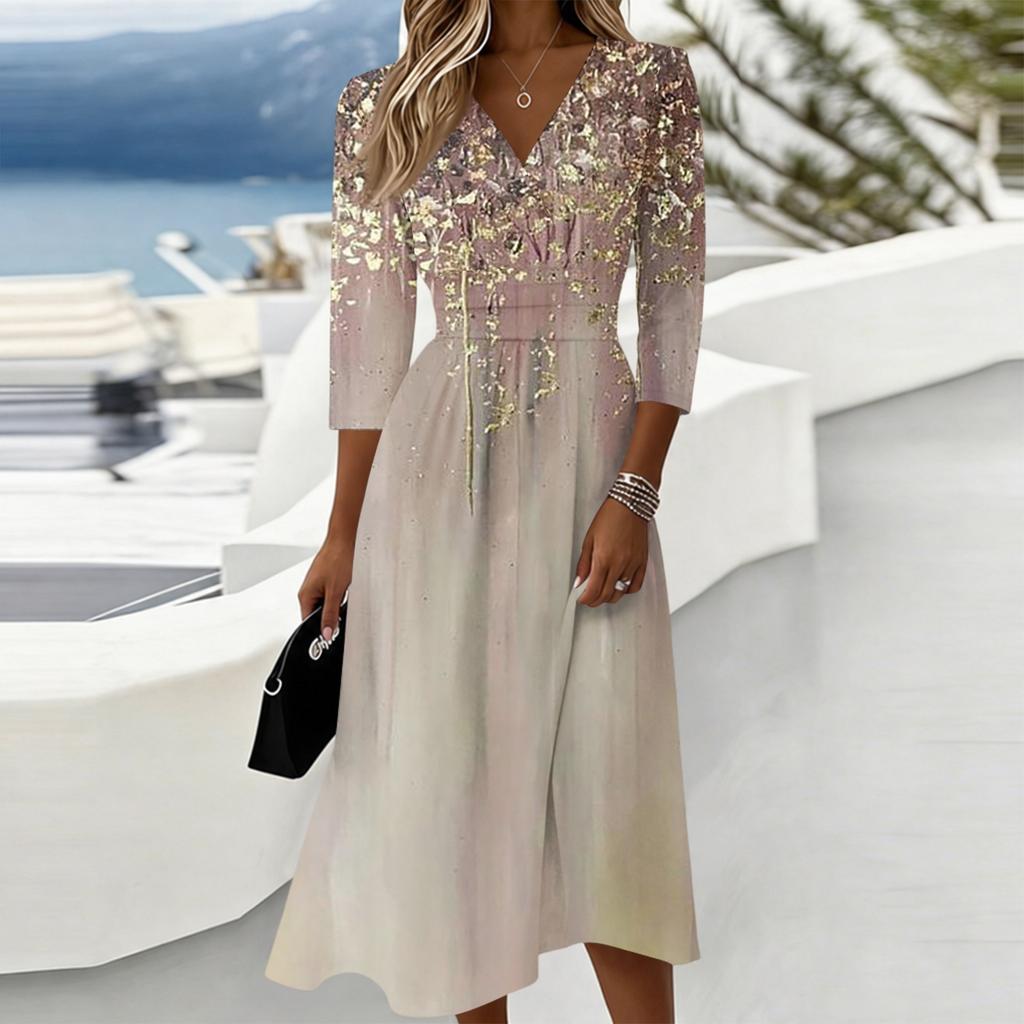 Women's Floral Casual Fashion Midi Dress V Neck Three Quarter Sleeve Back Zipper Elegant Fit and Flare Design Comfortable Fabric