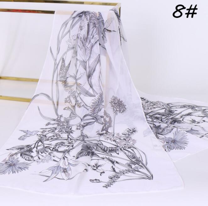 Chiffon Floral Elegant Scarves Silk Scarf Fashion Women Flower Printed Long Soft Wrap Scarf Simulation Silk Shawl Beach Scarf
