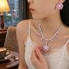 European and American Style Zircon Pink Plum Blossom Necklace and Earrings Set