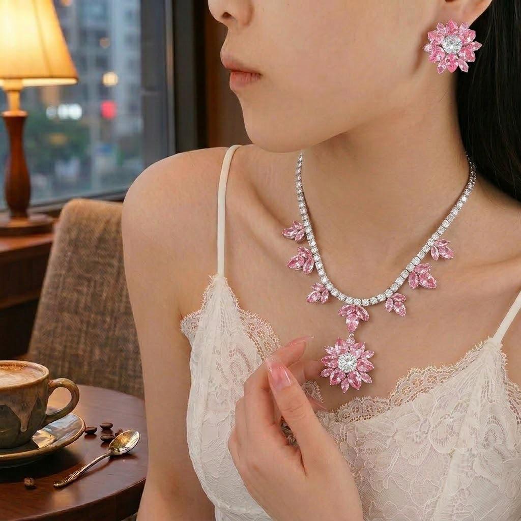 European and American Style Zircon Pink Plum Blossom Necklace and Earrings Set