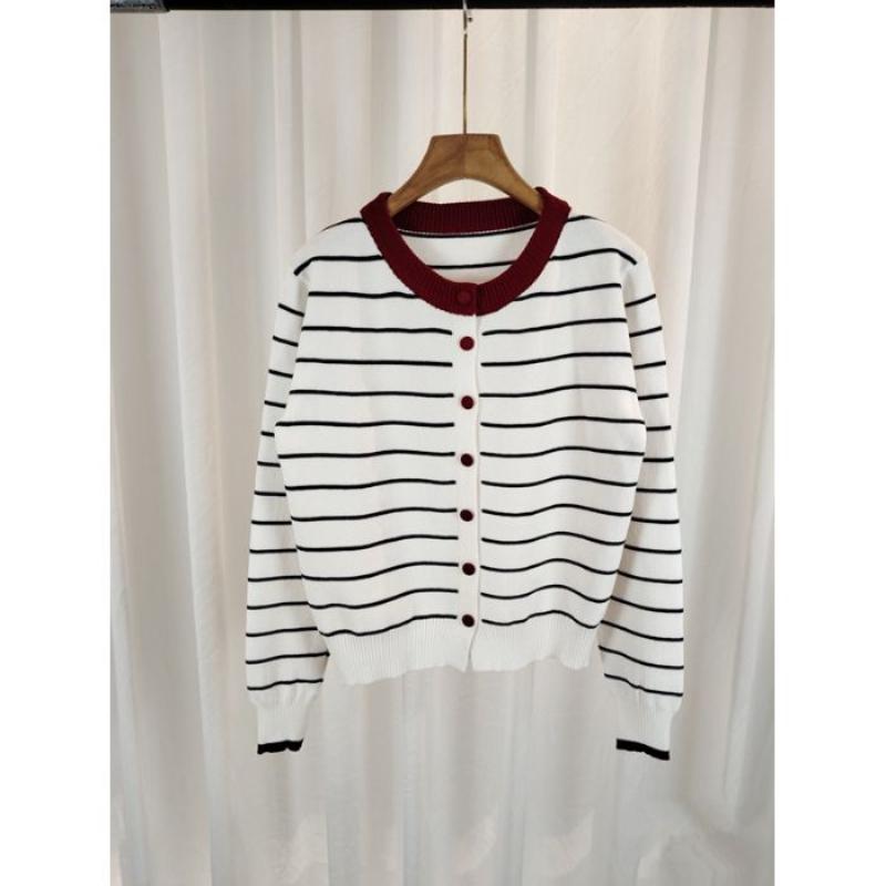 A New Autumn Fashion Round-neck and Versatile Sweater Coat for Women with Contrasting Color Stripes Long-sleeved Knitted Cardigan