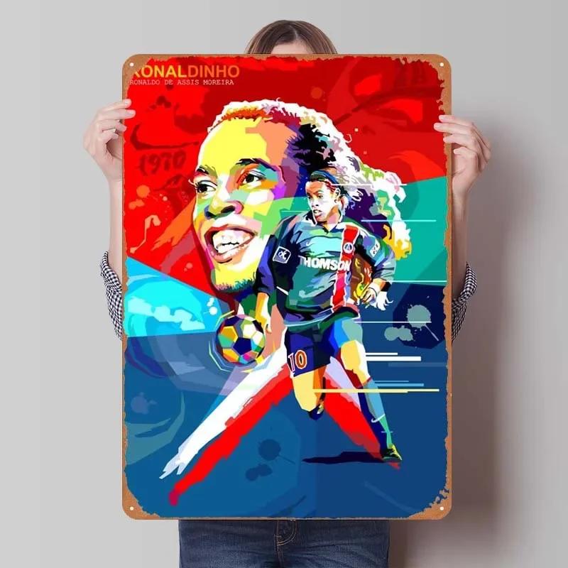 Ronaldinho Signature Sports Poster Metal Wall Art Vintage Tin Sign Plaque for Home Decoration Man Cave Retro Style