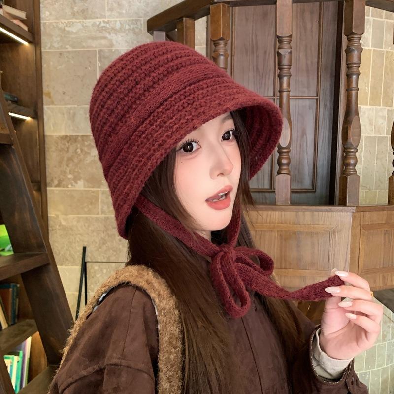 Knitted Bucket Hat Women Winter Warm Fisherman Hat Ear Tie Bow Crochet Solid Color Autumn Casual Outdoor Cap