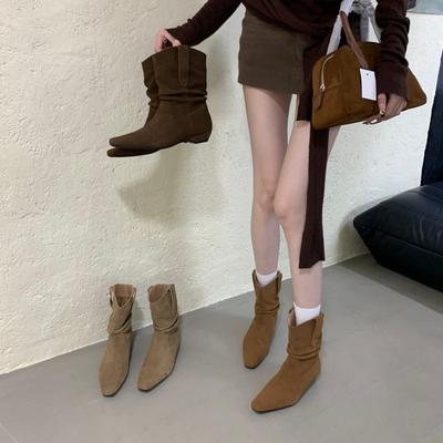 Cowhide Version Korean Version Low-heeled Pointed Pleated Stacking Boots 2025 Autumn and Winter New Retro Flat-bottomed Martin Boots Cowboy Boots