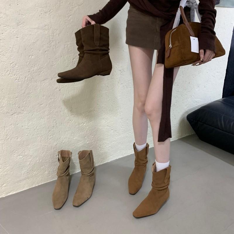 Cowhide version Korean version low-heeled pointed pleated stacking boots 2025 autumn and winter new retro flat-bottomed Martin boots cowboy boots