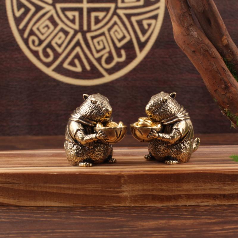 Brass Groundhog Figurine Retro Brass Capybara Statue Cute Small Animal Miniatures Desktop Ornament Home Decor Charming Decor