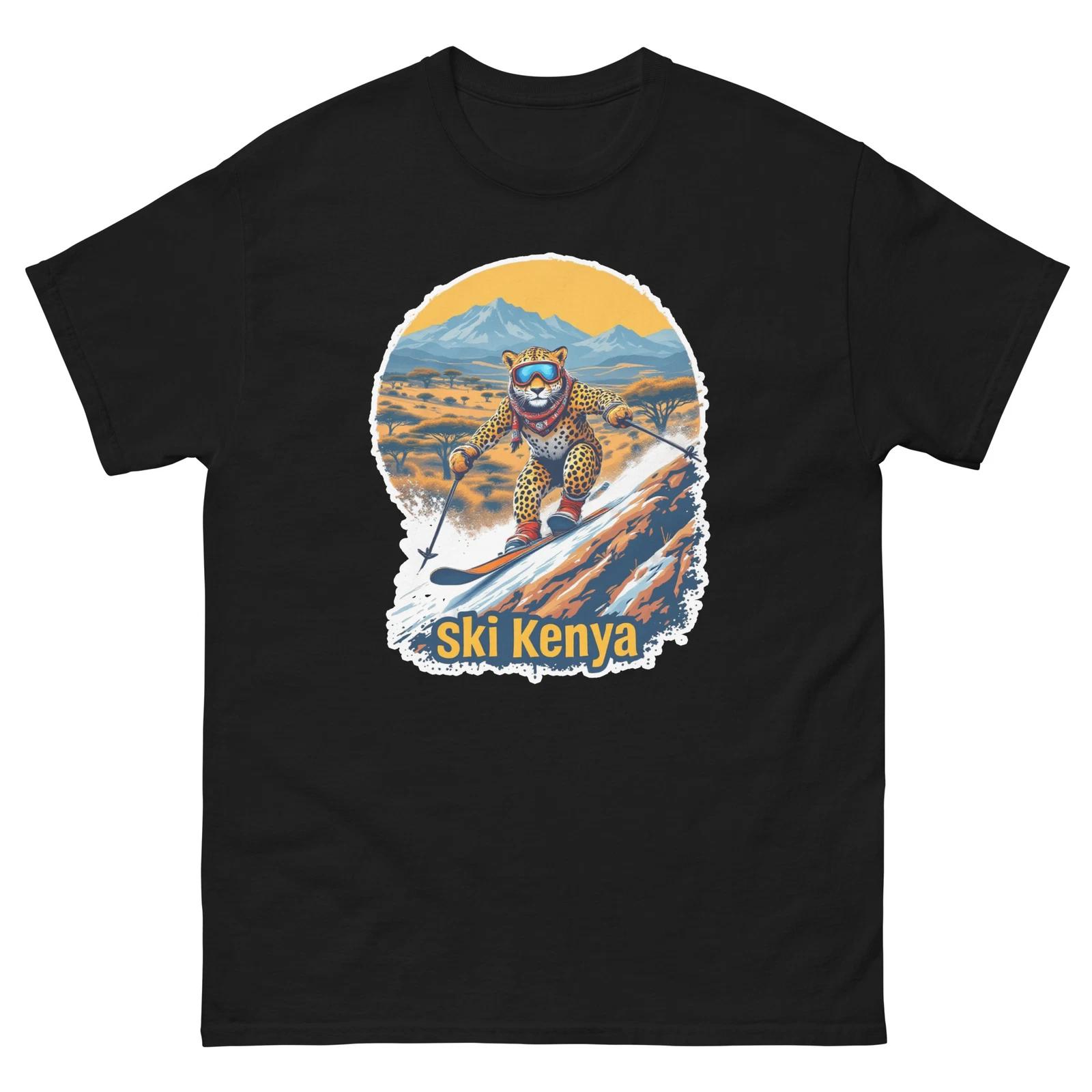 Ski Kenya Leopard Cute Animal Skiing T-Shirt XL