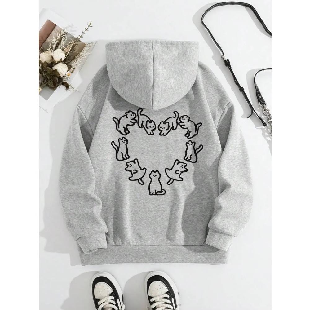 Cute Cat Heart Print Hoodie AdorableCat Lovers Casual Daily Wear Cute Daily Casual Autumn Winter Hoodie S