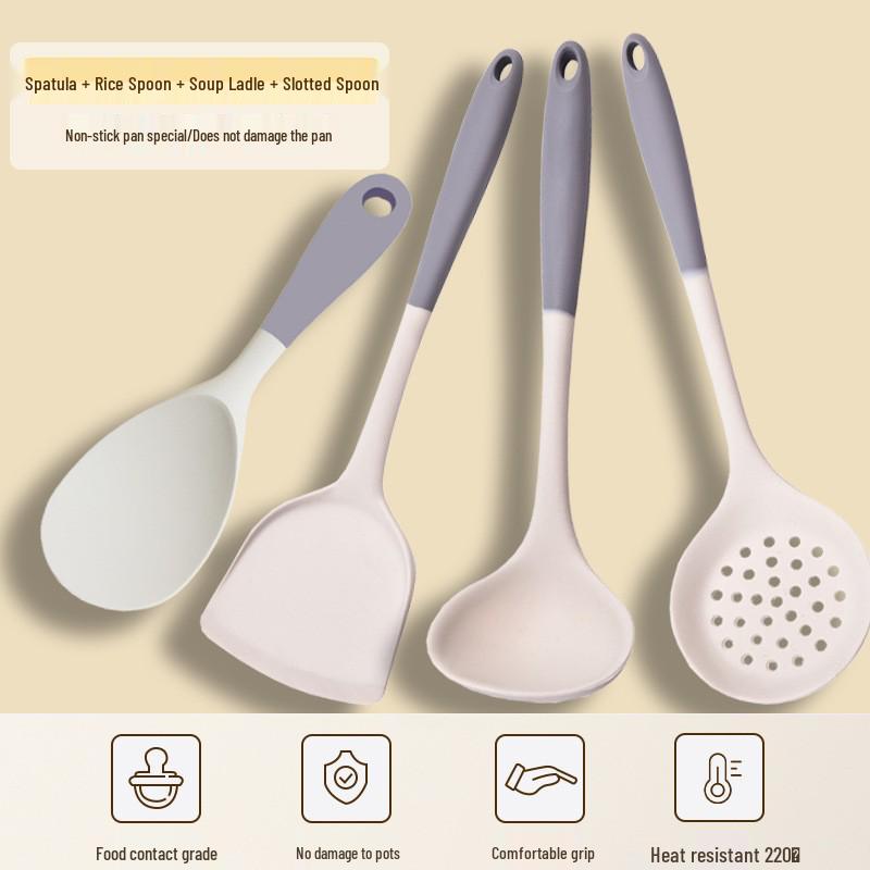 Gray & White Silicone Cooking Utensil Set: Spatula, Wok Spatula, Soup Ladle, Rice Spoon, Skimmer - Heat Resistant.