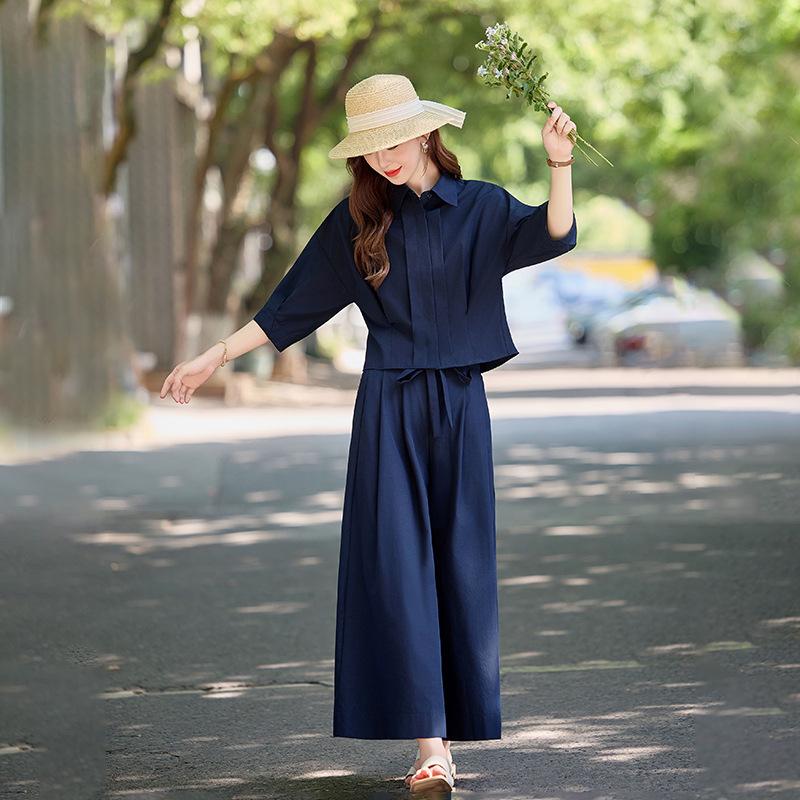 Fashion Suit Women's Summer New Temperament Waist and Thin Short-sleeved Shirt Wide-leg Pants Skirt Two-piece Set