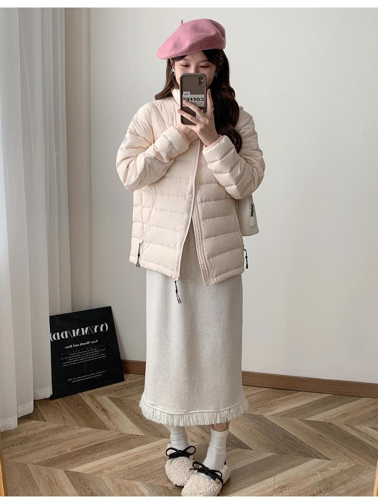 Sweet Style Lightweight White Duck Down Jacket for Women - Winter 2026, Short, Ribbed Sport Inner Lining, Stand Collar.