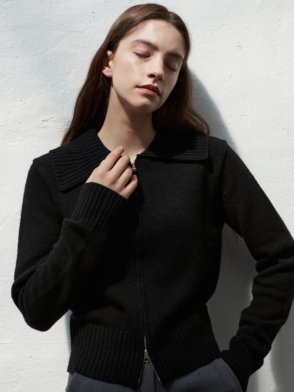 Eight Days A Week Merino Wool Collar Zip-Up Knit Black Ad013 Free