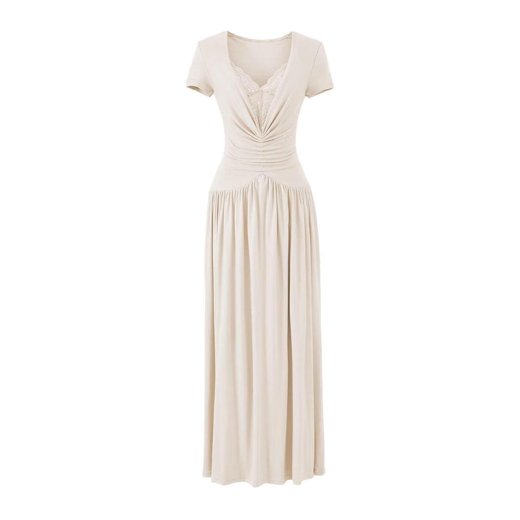 2026 Spring European & American Style Women's Lace Patchwork Waist-Cinching Long Dress with Short Sleeves