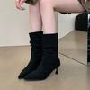 Women’s 2024 Autumn Retro Slim Heel Pleated Mid-Tube Pointed Toe Boots