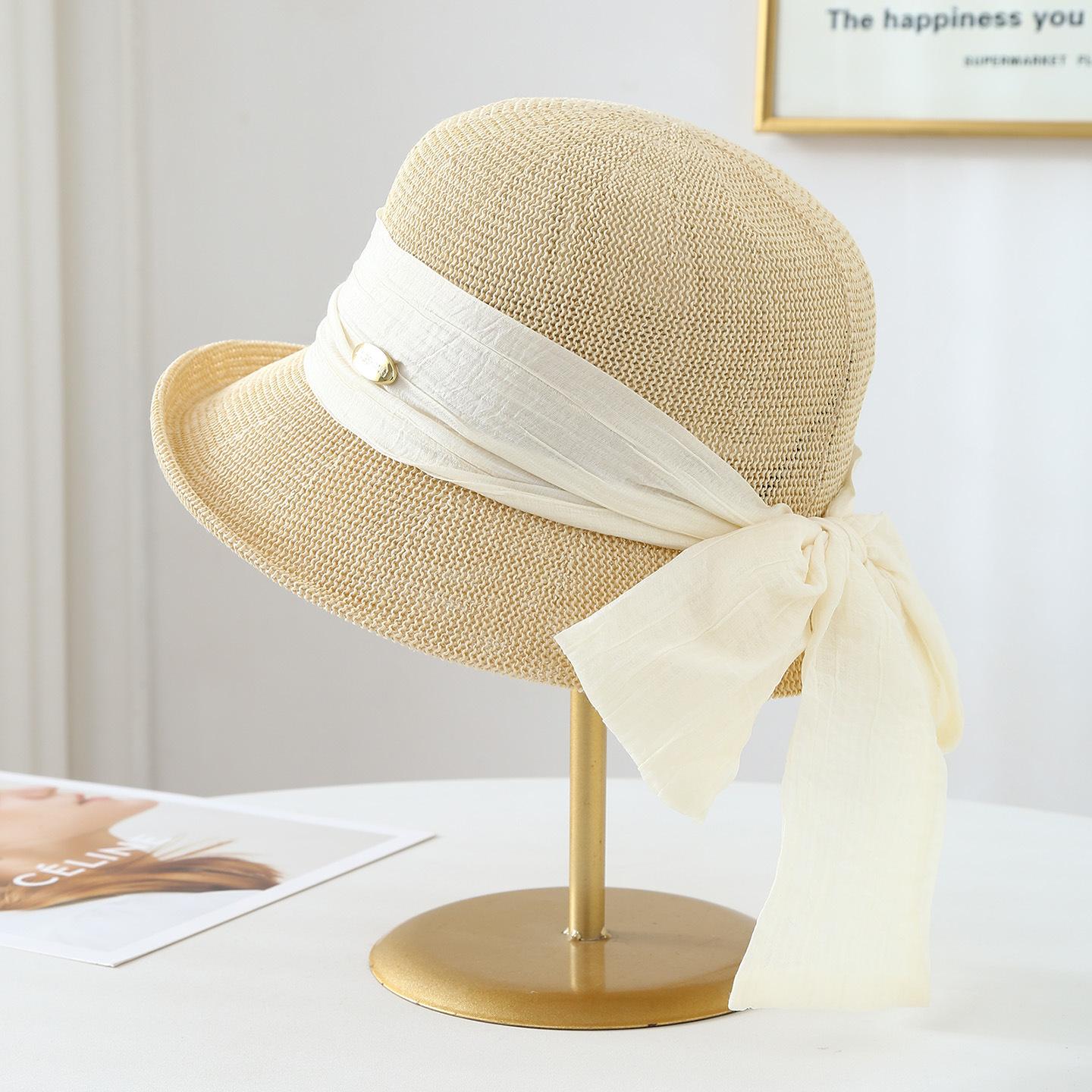 

Adult Women s Knitted Fisherman Bucket Hat with Long Ribbon Bow Windproof Spring Summer Autumn Fashion Accessory 56-58cm бежевый