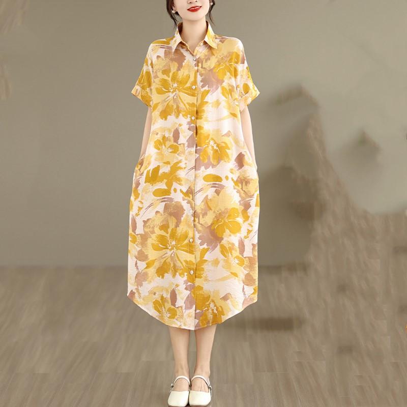 Manga corta Tallas grandes Algodón vintage floral nuevo en vestidos para mujer casual suelto vestido camisero largo de verano