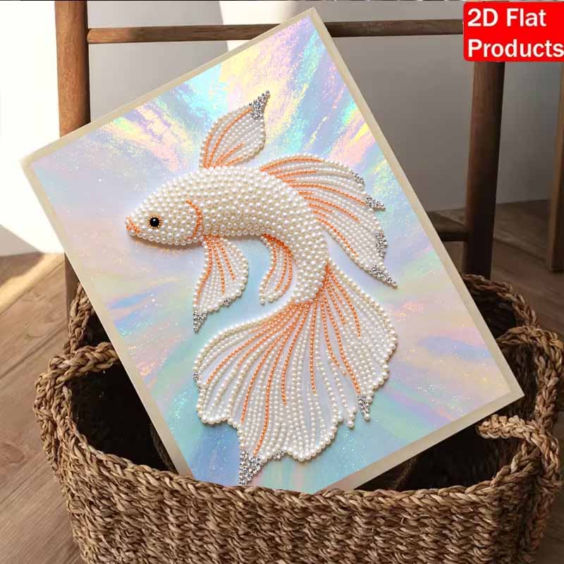 Pearl Painting Art Painting Kit for Adults and Beginners, Elegant White Betta Fish Sparkling Painting Craft Home Wall Decor Handmade Gift
