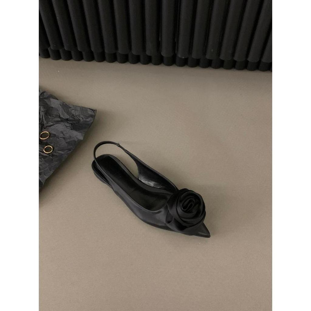 French Flat-soled Black Bag Head Sandals Fairy Shoes 2025 New Spring and Summer Pointed Rhinestone Temperament Single Shoes