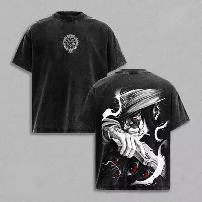 Anime Hellsing Abraham Helsing Alucard Cartoon Grafikdruck T-Shirt Herren Damen Vintage Gewaschene Baumwolle Locker Lässig Übergroßes Oberteil
