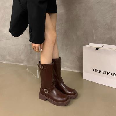 Braune Martin-Stiefel Damen neue Herbst- und Winter-Einzelstiefel dicksohlige mittelhohe Schaftweite Workwear kurze Stiefel Retro Frühling