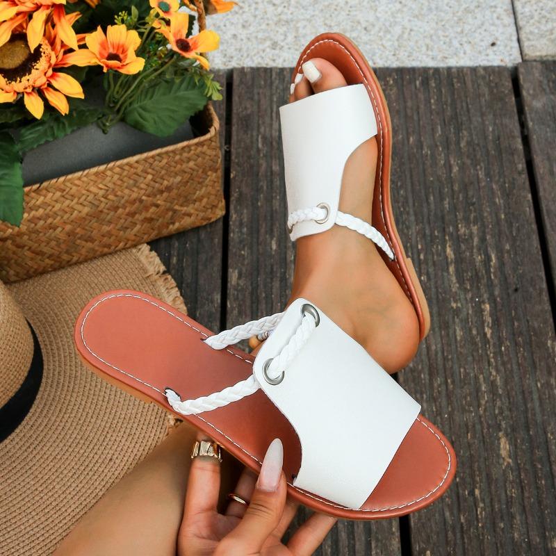 Women's Summer New Solid Color Women's Slippers Large Size Woven Simple Everyday Wear Beach Slippers