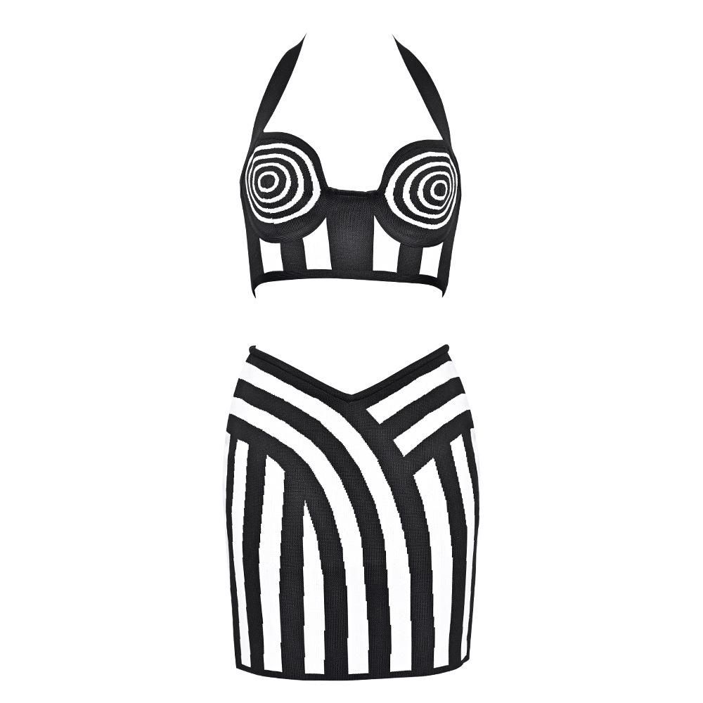 European and American Jacquard Color-Block Bandage Halter Crop Top & Hip-Hugging Skirt Two-Piece Set for Women