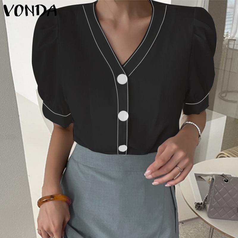 

Женские летние элегантные топы с пышными рукавами и V-образным вырезом на пуговицах