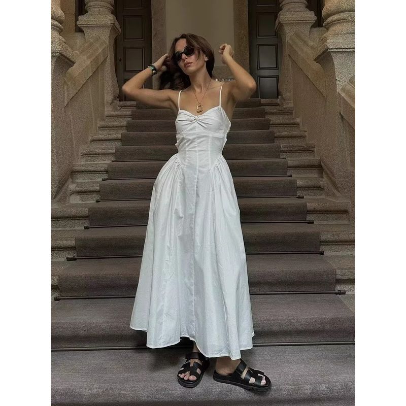Soft-Hearted Deborarosa French style Sexy White Backless Suspender Dress Waist Hugging Slimming Holiday Style Dress