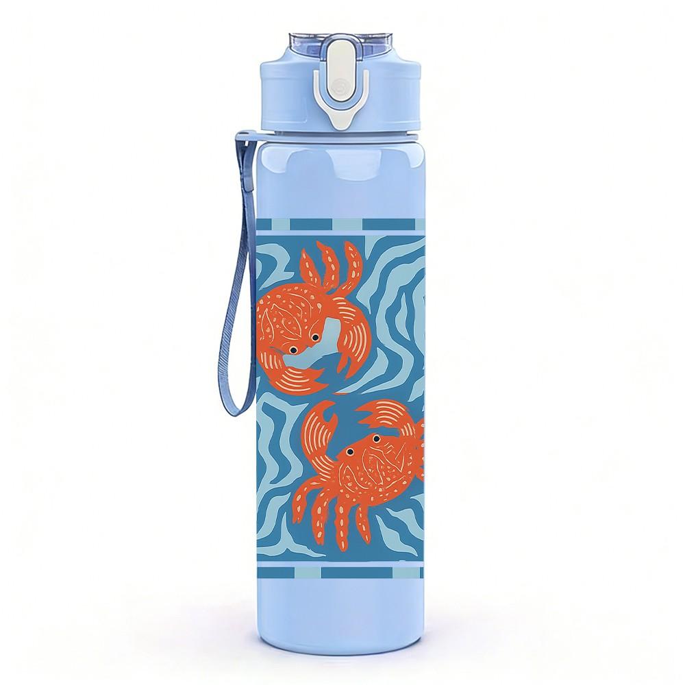 1PC Blue Crab Geometric Pattern 750ml Color Plastic Sports Water Bottle Leakproof Flip Straw Lid Suitable for Sports Office Home Use