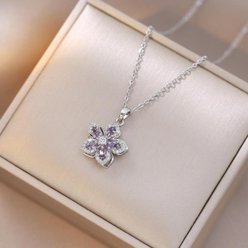 Purple Bauhinia Zirconia Flower 360° Rotatable Necklace for Women – European & American Style, New Five-Petal Design