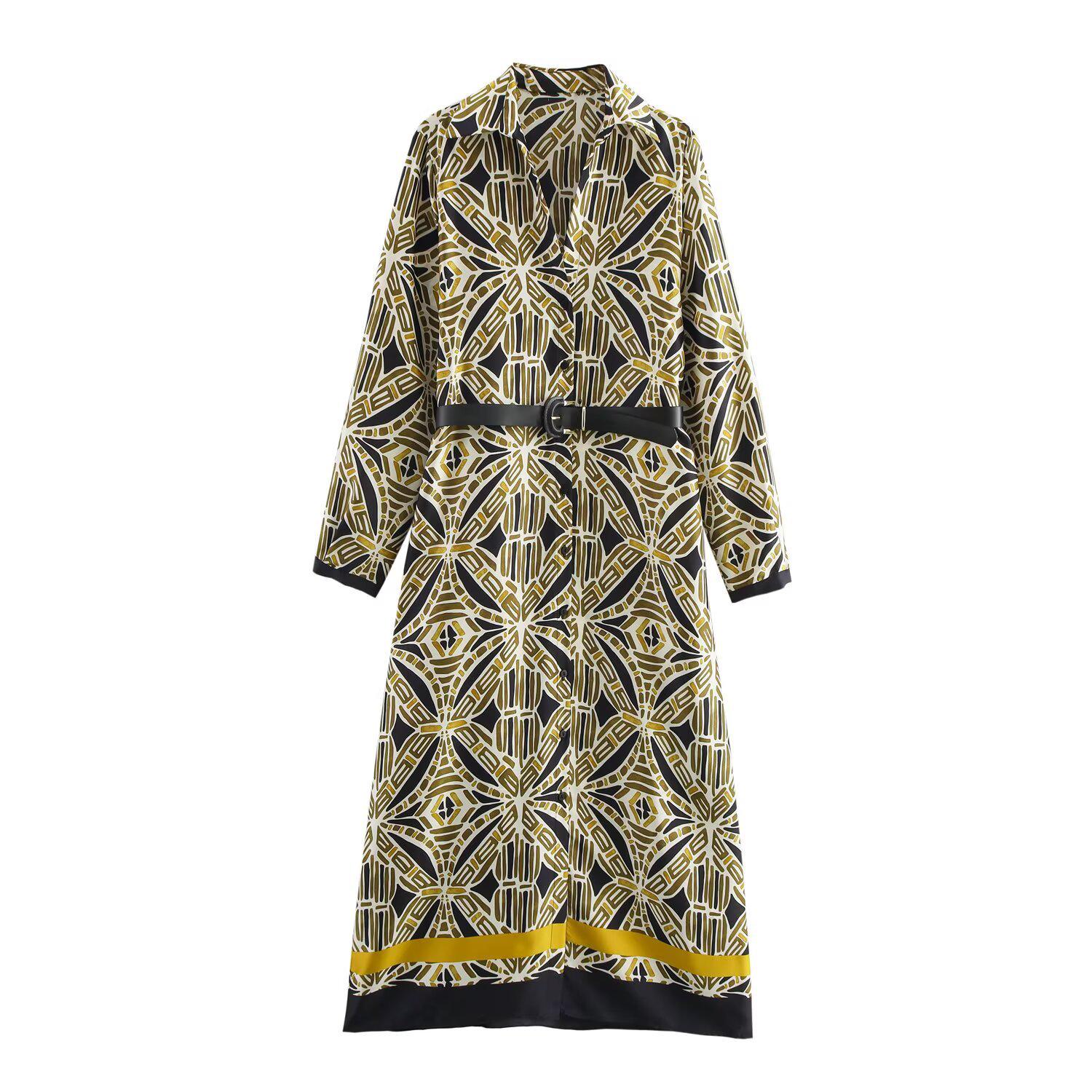 

Spring 2025 Women s Slim Fit Belted Print Long Sleeve Lapel Dress Extra Small
