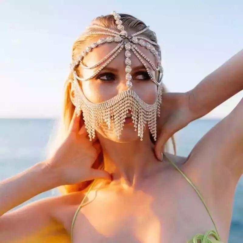 Máscara Véu Corrente de Strass Brilhantes Adorno de Cabeça Chapéu para Mulheres Elegante Festa Fantasia de Dança Acessórios de Cabelo da Moda
