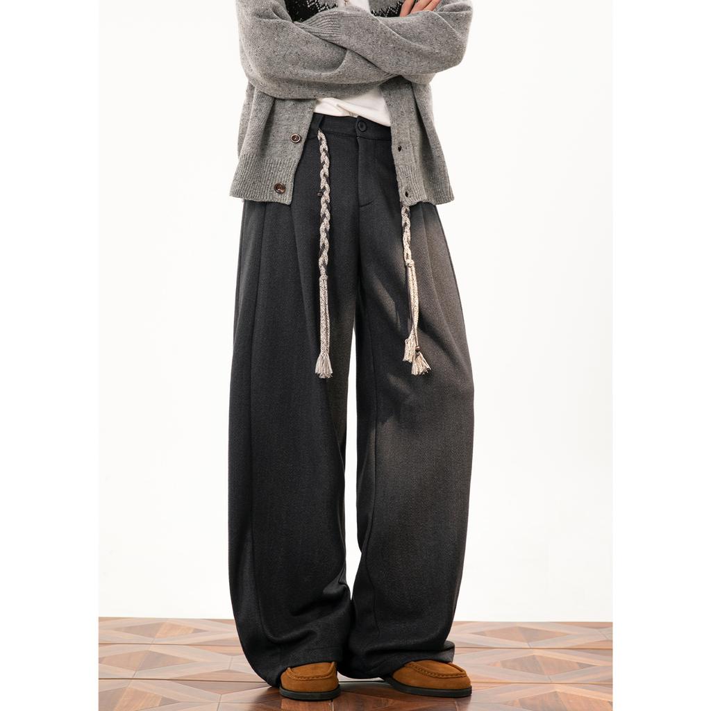 | Heavy Texture Imitation Woolen Casual Pants Men's Autumn Loose Texture Ethnic Style Belt Straight Trousers