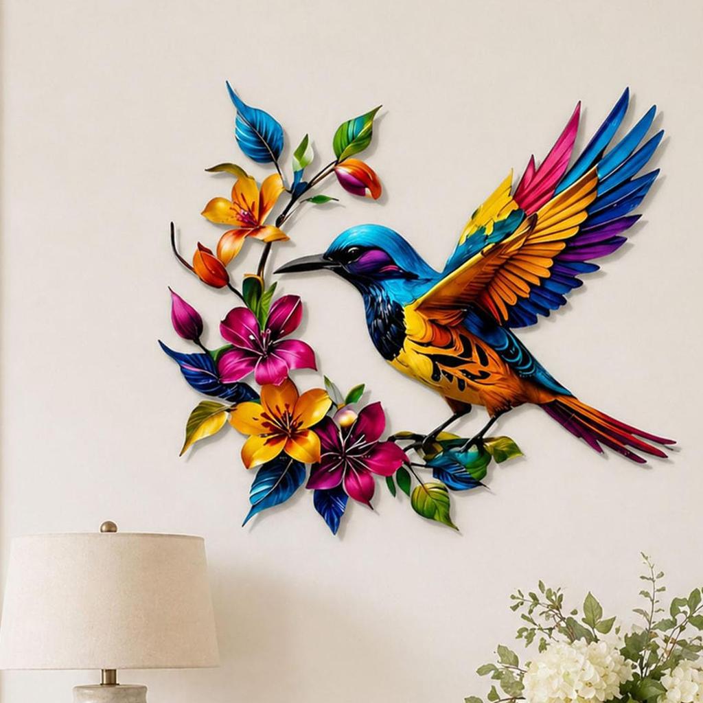 Hummingbird Wall Art Hangable Wall Sculpture With Flower Metal Hummingbird Decor For Garden Patio Fence Porch Yard Home Living