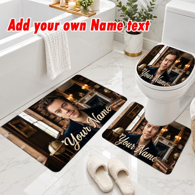 Personalized Harry Styles 3Pcs Flannel Toilet Mat Set Custom Text Bathroom Rug Non Slip