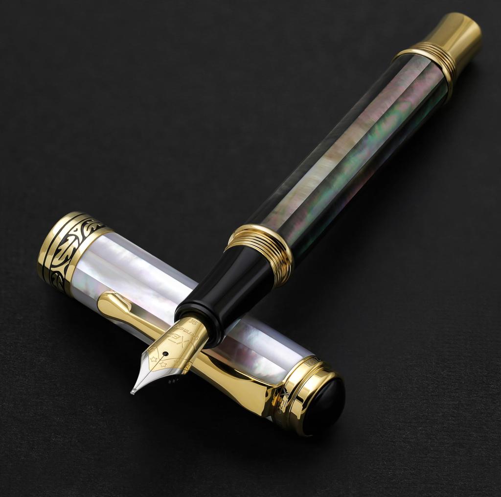 Xezo Maestro Fountain Medium Marine Tahitian Black White 18kt No Two Pens Are Pen, Nib, Iridescent, Origin, & Mother-of-Pearl, Gold-Plated Fittings.
