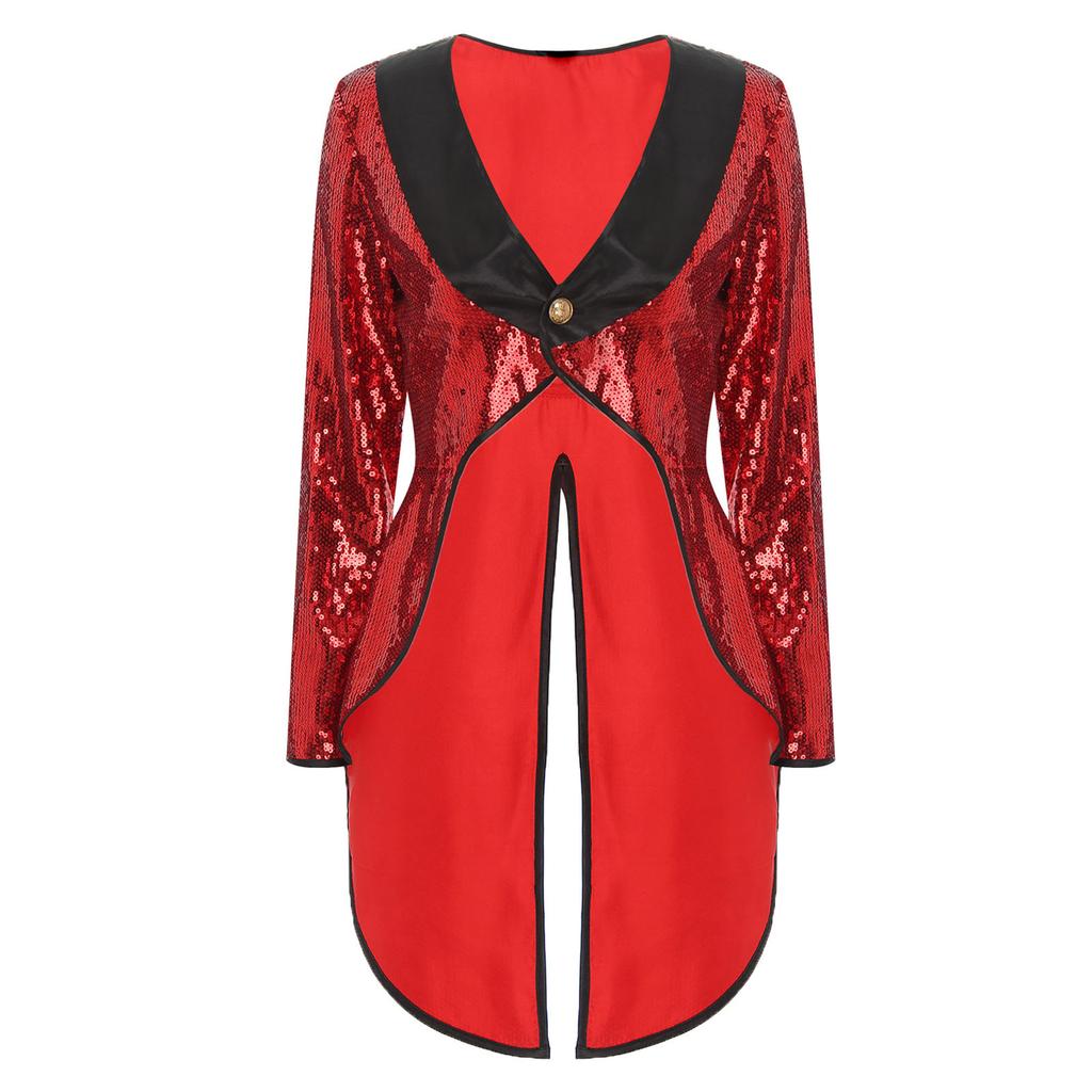 Womens Halloween Magician Dress Suit Circus Tailcoat Jacket Sparkle Sequin Blazers Tuxedo Outerwear Dress Up Costumes