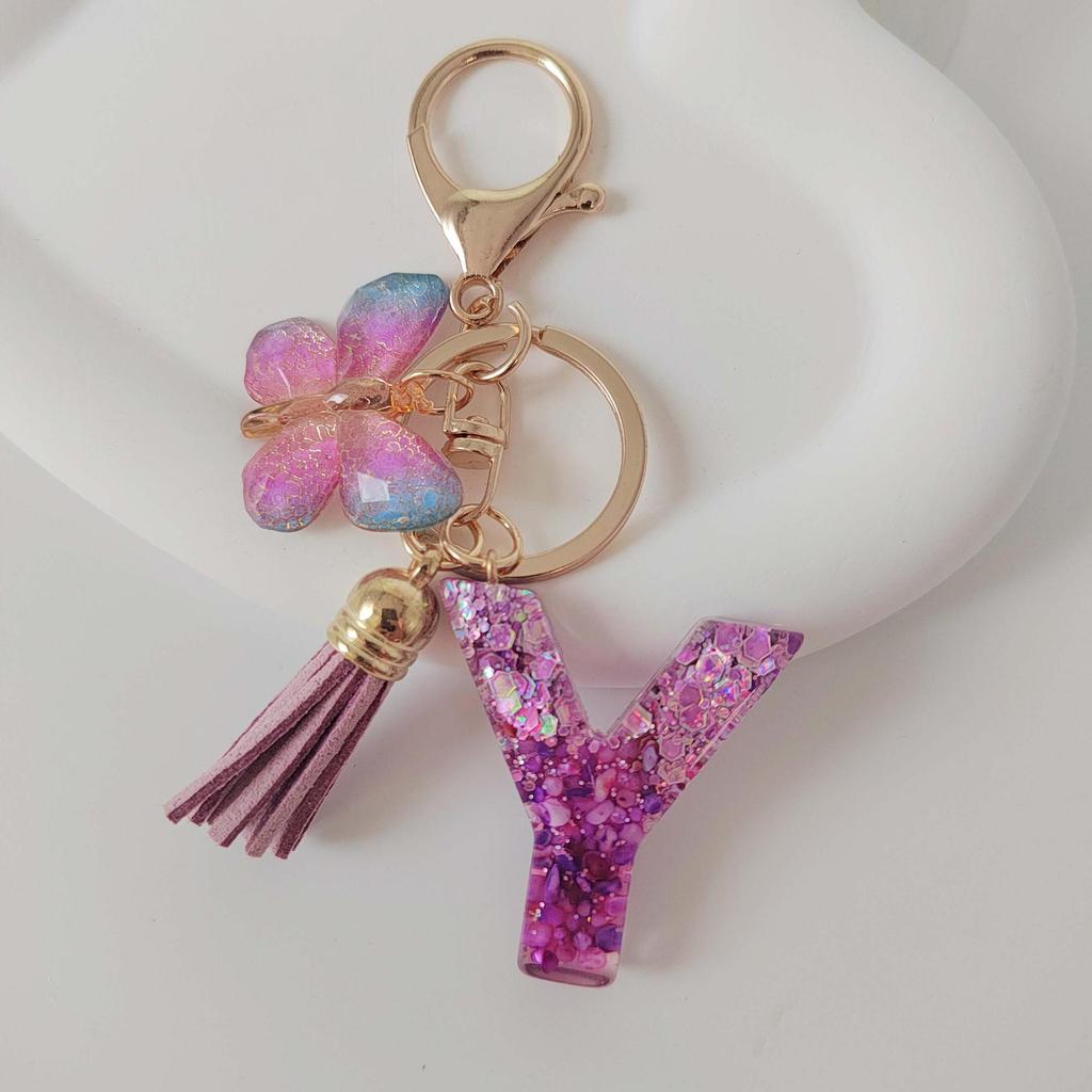 Purple Iridescent Resin Letter Keychain with Butterfly Tassel