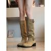 Sheepskin Version~ Retro Belt Buckle Tall Knight Boots Thick Heel Thin Western Cowboy Boots Women's Knee Boots