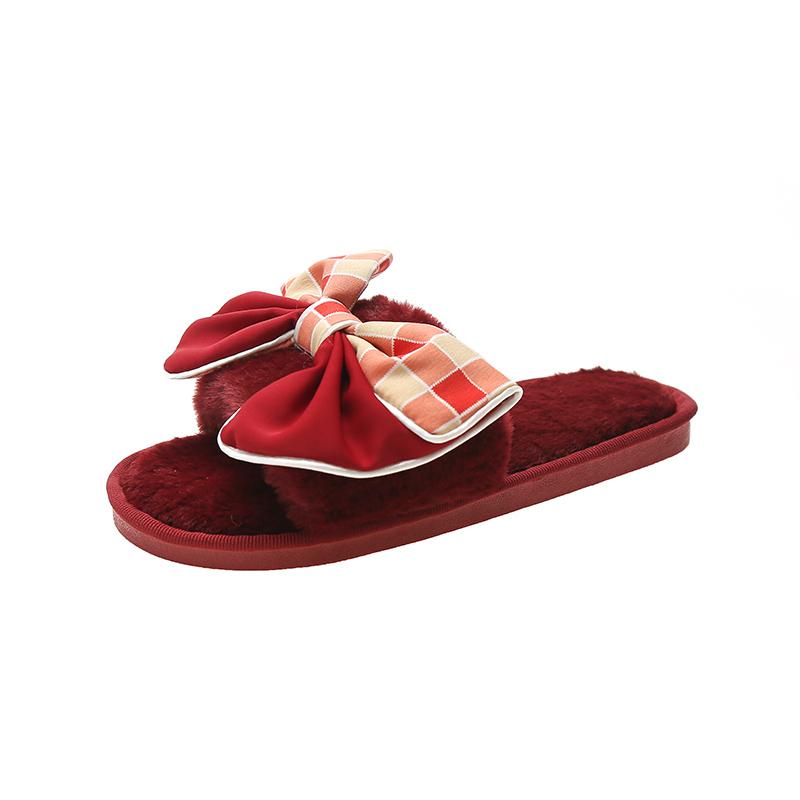 Fashion Casual Fluffy Slippers Women House Flats Fashion Winter Bowknot Designer Shoes Ladies Home Plush Platform Elegant Footwear 2025