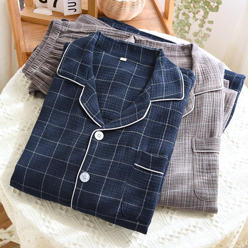 Pánské klasické kostkované pyžamo: Čistá bavlna, Dlouhý rukáv, Lehký krep, Klopa, Volný střih, na jaro a podzim