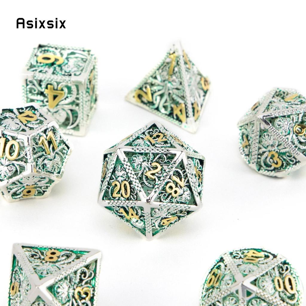 7 Pcs Silver Green Squid Metal Dice Hollow Metal Polyhedral Dice Set Suitable for Role-Playing RPG  Board Game Card Game
