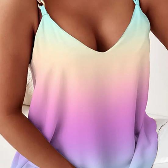 V-neck Bez rękawów Pasek z łańcuszkiem Kamizelka damska Sexy Tie-dye Print Loose Camisole Top Odzież damska