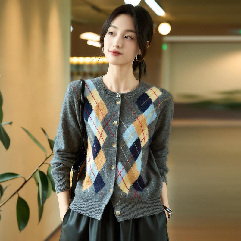 Cardigan da Donna in Cashmere Color Block Girocollo - Moda Autunno/Inverno Maglione Lavorato a Maglia a Scacchi a Rombo